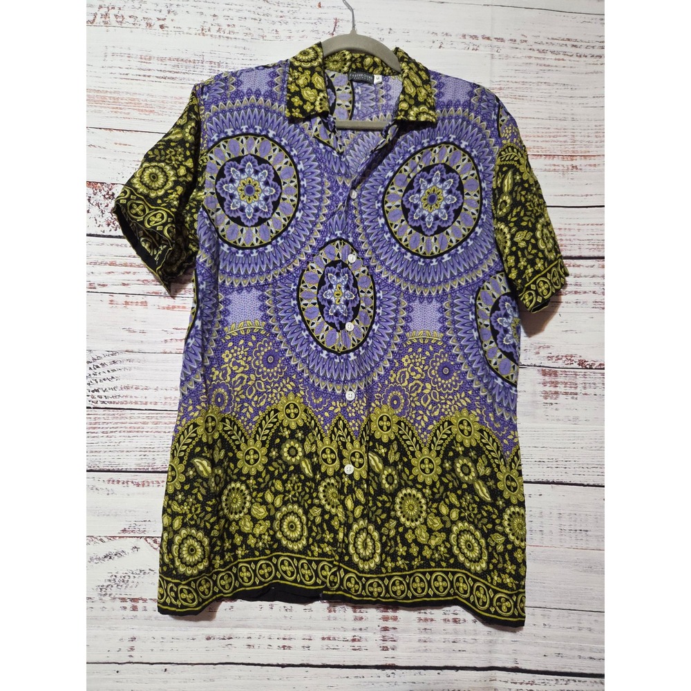Earthbound Trading Co Mens Purple Green Mandala Rayon Button Down Shirt Medium